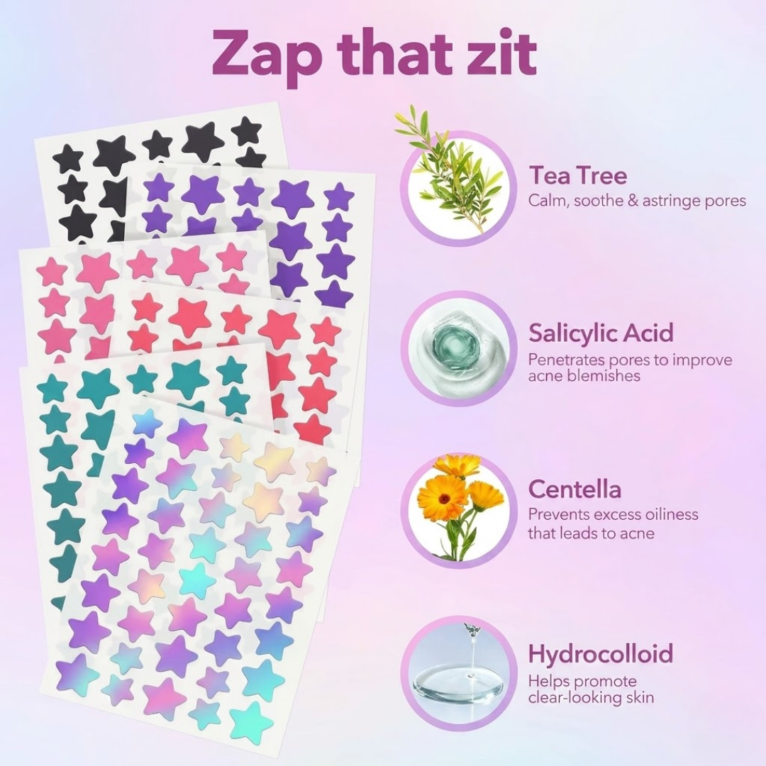 Cute Star Acne Patches – Hydrocolloid Zit Stickers with Tea Tree & Salicylic Acid | Fast Blemish Repair | 357 Pcs Bulk Pack