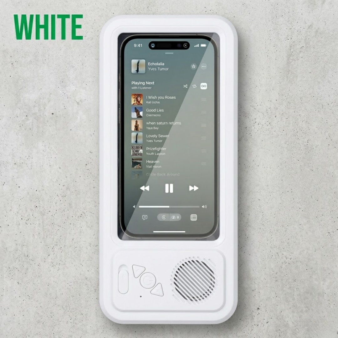 🚿 Smart Bathroom Waterproof Phone Holder with Built-in Bluetooth Speaker & Anti-Fog Touch Screen