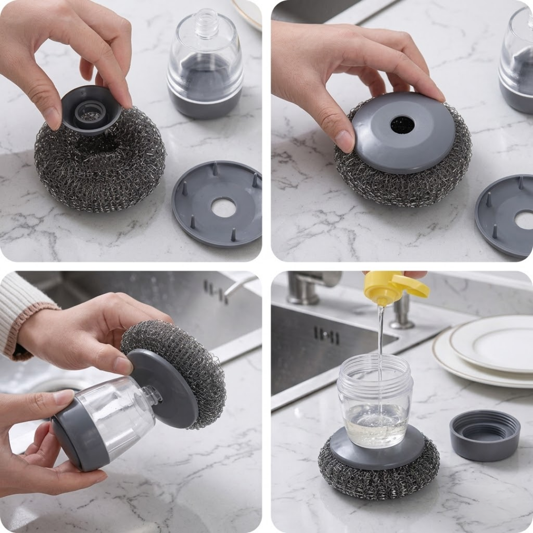 ErgoScrub™ Multi-Functional Soap Dispensing Palm Brush | Effortless Kitchen Cleaning