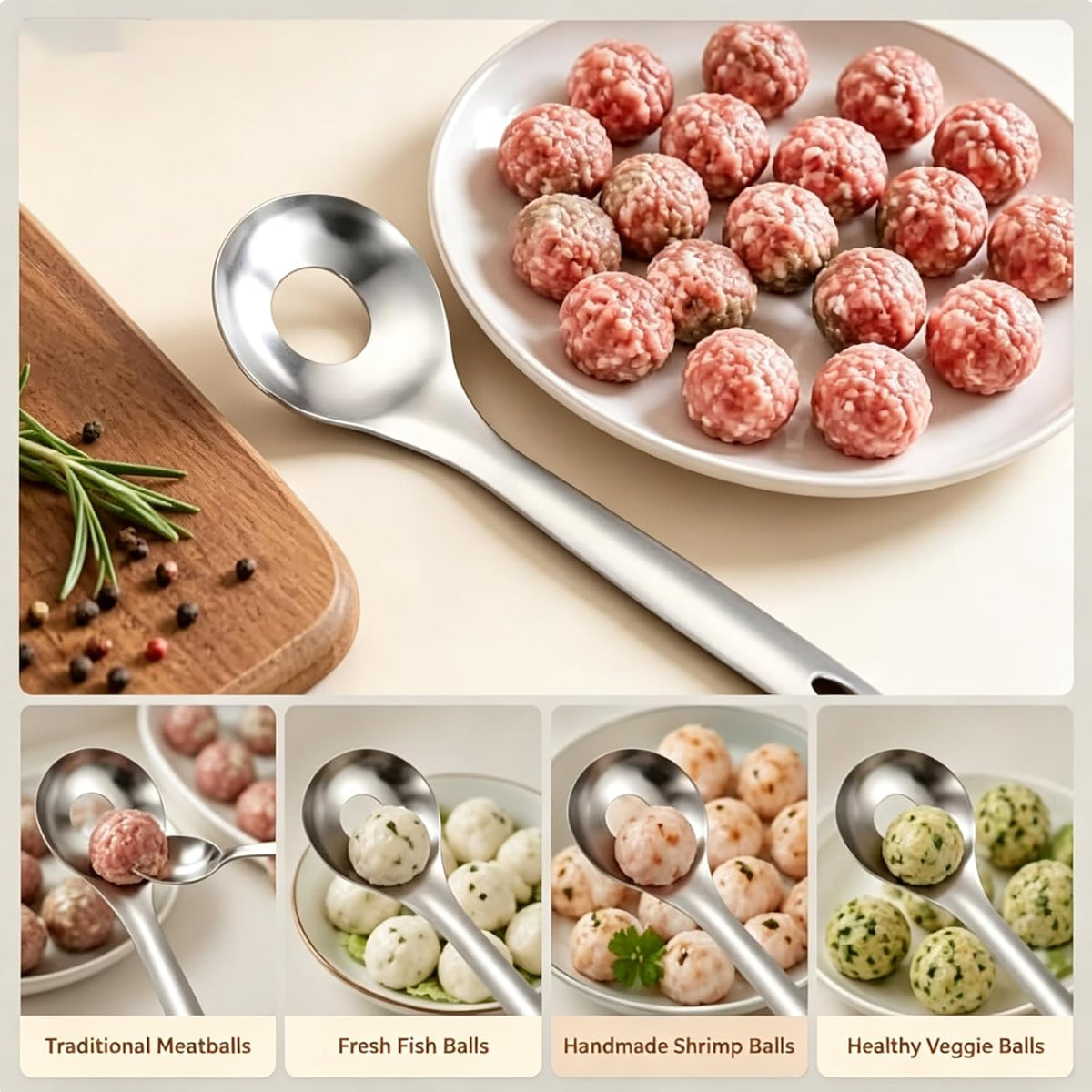 MCOIKY®Meatball Maker Spoon Stainless Steel Non-Stick Creativity Cooking Tools Kitchen Supplies Accessories Spoon with Hole Balls Stainless Steel