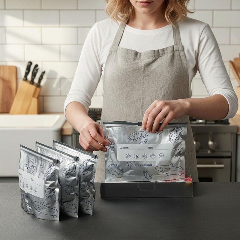 New reusable upgraded thickened upright aluminum foil sealing storage bags, with labels and zipper locks, suitable for washable kitchen items like vegetables, fruits, and meat, perfect for Thanksgiving, Christmas, and New Year gifts
