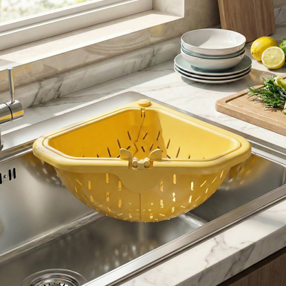 MCOIKY® Magnetic draining triangular kitchen sink filter for storing food scraps, leftovers, and kitchen waste.