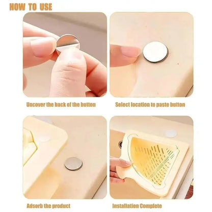 MCOIKY® Magnetic draining triangular kitchen sink filter for storing food scraps, leftovers, and kitchen waste.