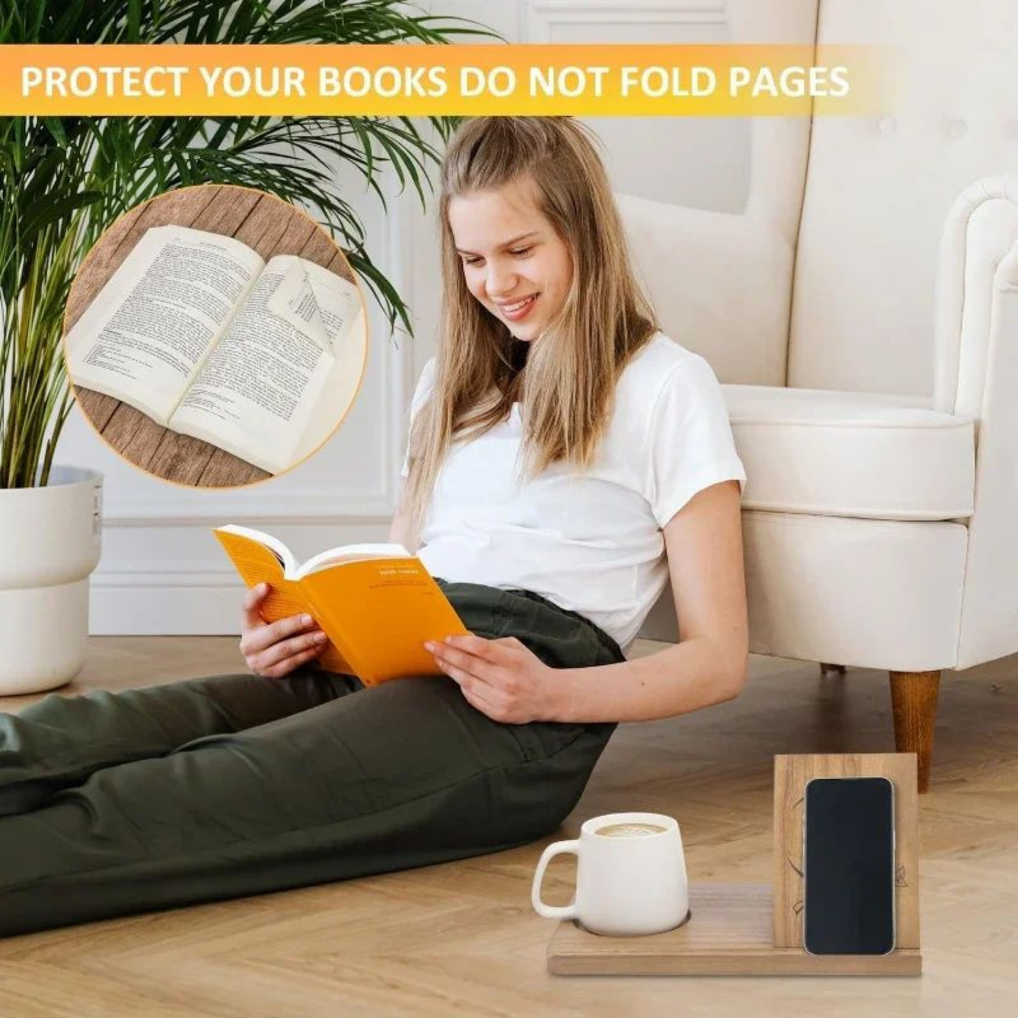 Solid Wood Triangular Book Stand & Organizer with Cup Holder