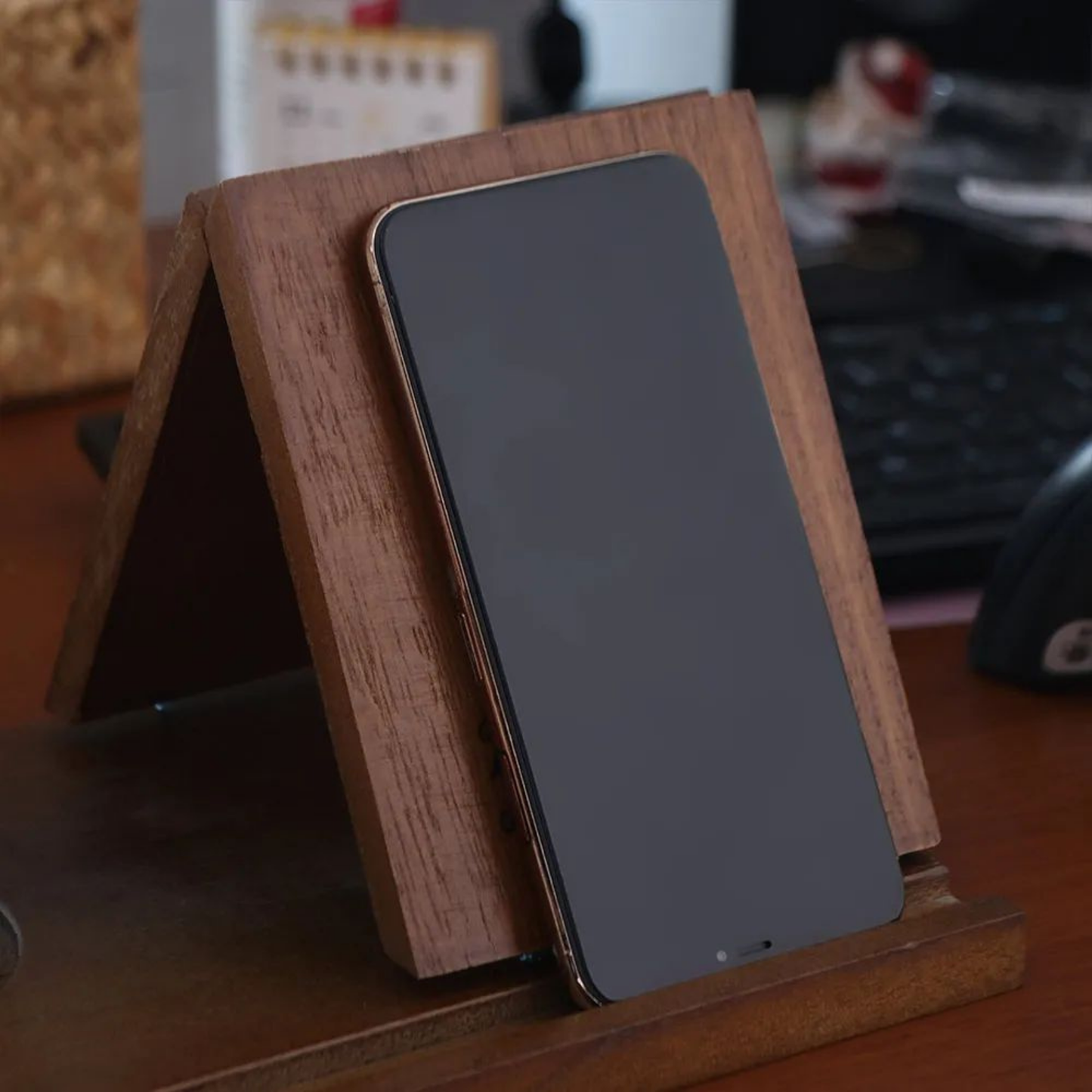 Solid Wood Triangular Book Stand & Organizer with Cup Holder