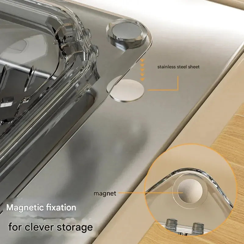 MCOIKY® Magnetic draining triangular kitchen sink filter for storing food scraps, leftovers, and kitchen waste.