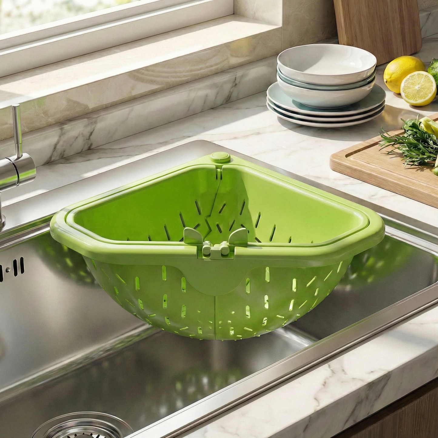 MCOIKY® Magnetic draining triangular kitchen sink filter for storing food scraps, leftovers, and kitchen waste.