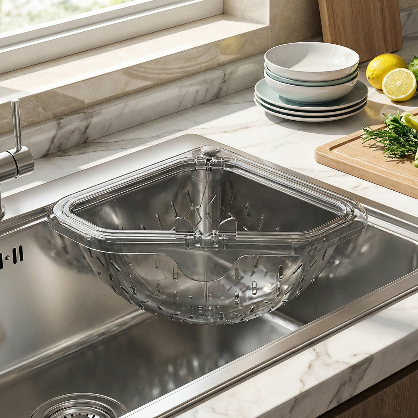 MCOIKY® Magnetic draining triangular kitchen sink filter for storing food scraps, leftovers, and kitchen waste.